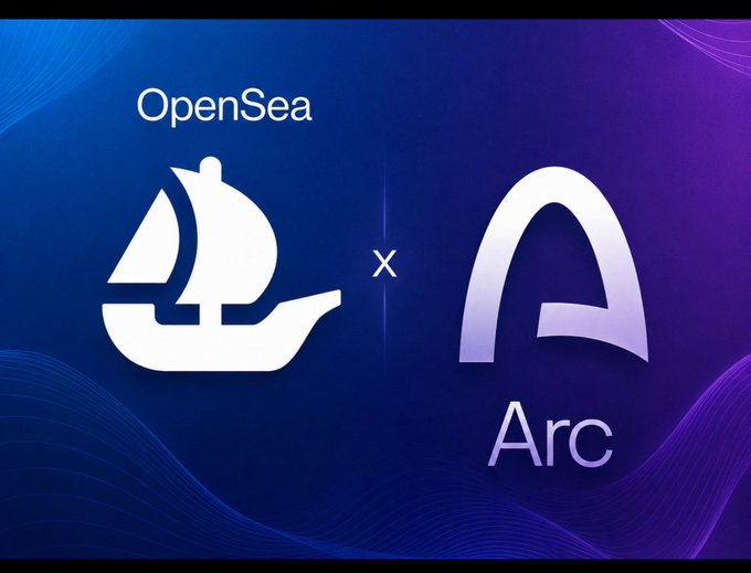 Partnership announcement graphic showing the OpenSea sailboat logo alongside an 'Arc' logo on a blue and purple gradient background.