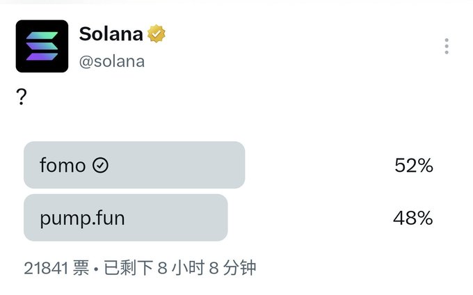 The image shows a poll from Solana's official Twitter account (@solana) asking a single question mark, with options "fomo" leading at 52% and "pump.fun" trailing at 48%, with 21,841 votes and 8 hours 8 minutes remaining. The poll playfully pits the two memecoin platforms against each other, matching the post's commentary about Solana fanning the flames of the competition.