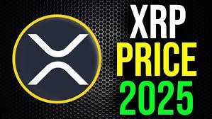 An image featuring the XRP cryptocurrency logo on a black textured background with bold text reading "XRP PRICE 2025" in white, yellow, and green, promoting a bold price prediction for XRP.