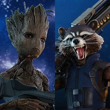 Two side-by-side images feature Groot, the tree-like character from Marvel's "Guardians of the Galaxy," on the left, and Rocket Raccoon, the talking raccoon from the same franchise, on the right, set against a starry cosmic background. The post humorously compares these beloved sci-fi characters to cryptocurrency concepts, likening Groot's tree-like form to a "dangmok" (Christmas tree) accompanying Stellar Lumens, and playfully connecting Rocket's fierce expression to the mugunghwa (rose of Sharon) symbol blooming.