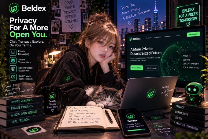A promotional advertisement for "Beldex" cryptocurrency featuring "Privacy For A More Open You" with a young woman, a cat, and a laptop displaying the Beldex website, emphasizing private messaging and a decentralized future.