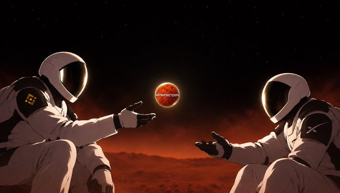 Two astronauts in white space suits face each other against a dark, red-tinted Martian landscape, reaching toward a floating coin labeled "MARSCOIN" glowing between them. The left astronaut's patch displays the Binance (BNB) logo, while the right astronaut's patch shows the SpaceX emblem, visually representing the caption's theme of "BNB on one side, SpaceX on the other, $MarsCoin in the middle."