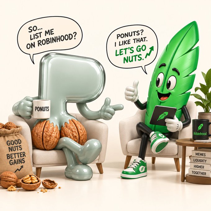 Two cartoon characters sit in cream-colored armchairs in a playful scene: on the left, a glossy gray "P" mascot shaped like a letter has walnuts and hazelnuts for a lower body, holding a white mug labeled "PONUTS" and pointing, with a speech bubble reading "SO... LIST ME ON ROBINHOOD?"; on the right, a green leaf-shaped character with a smiling face, wearing green and white sneakers, gives a thumbs-up while holding a tablet and says, "PONUTS? I LIKE THAT. LET'S GO NUTS." A burlap sack beside the P reads "GOOD NUTS BETTER GAINS," while a small table next to the leaf character holds a black "Robinhood" mug and a stack of books titled "MEMES," "LIQUIDITY," "HIGHER," and "TOGETHER." The image humorously illustrates the post's joke about the $PONUTS ticker, depicting a mock business meeting where the nutty "P