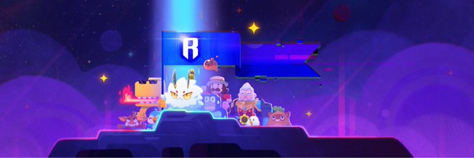 A colorful animated graphic showing various cartoon characters gathered together on a platform against a starry purple sky background, with a glowing blue 'R' logo floating above them.