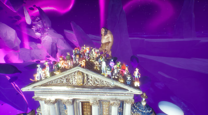 A large ogre-like figure stands atop an ornate classical building roof in a vibrant purple fantasy landscape, surrounded by small colorful characters.