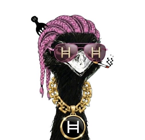 An anthropomorphized ostrich wearing pink braids, gold "H"-monogrammed sunglasses, a gold chain with an "H" medallion, and a cigarette, styled as a hypebeast character to match the post's "GM GM" flex about Day 2 of bootcamp and learning about $HBAR via HashPack wallet.