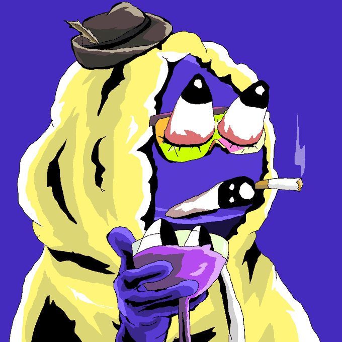 An illustration of a yellow, peanut/walnut-like creature wearing a small hat, smoking a cigarette, and holding a purple wine glass.