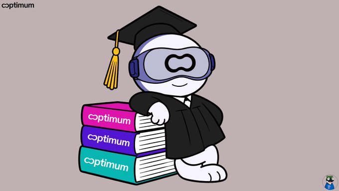 An illustration of a character in a graduation cap and goggles sitting on a stack of books labeled 'optimum' with the 'optimum' logo in the corner.