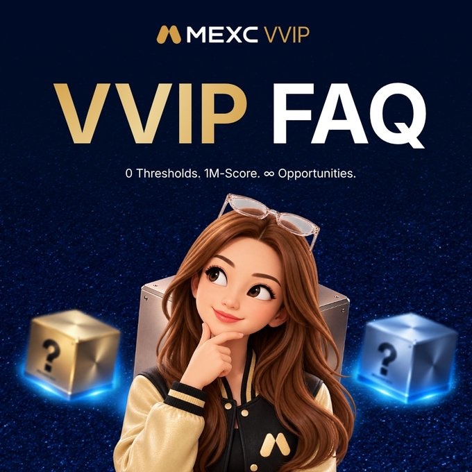 A promotional graphic for "MEXC VVIP FAQ" with the tagline "0 Thresholds. 1M-Score. ∞ Opportunities," featuring a 3D Pixar-style woman with sunglasses and mystery boxes.