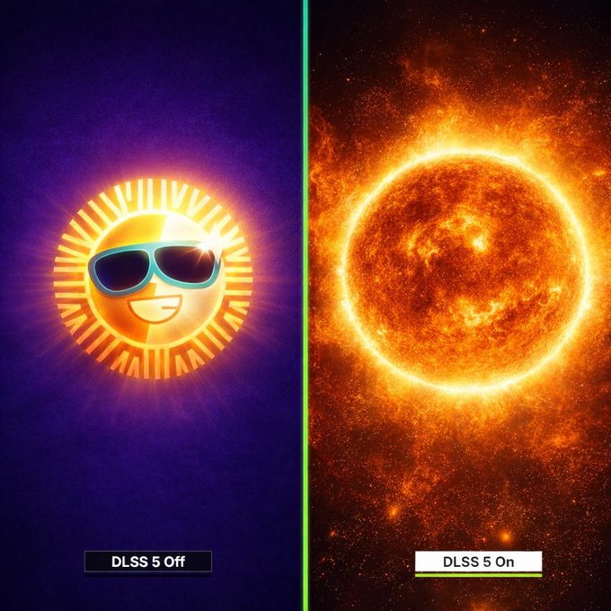 A comparison image demonstrating graphics technology, showing a sun wearing sunglasses labeled 'DLSS 5 Off' on the left and a detailed fiery sun labeled 'DLSS 5 On' on the right.