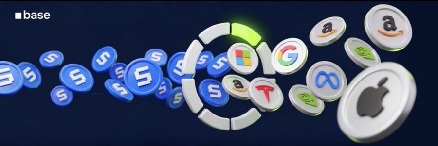 A 3D graphic showing various tech brand logos, including Stablecoin, Microsoft, Google, Amazon, Apple, Meta, NVIDIA, and Tesla, being funneled through a ring.