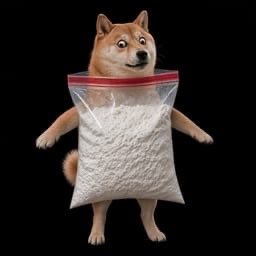 A Shiba Inu dog inside a clear ziplock bag filled with white powder against a black background.