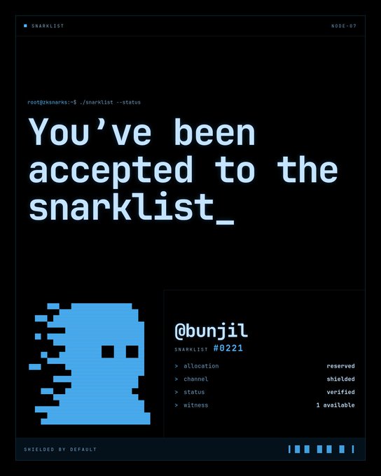 A digital certificate displayed on a dark background reads 'You've been accepted to the snarklist_' for user '@bunjil' (SNARKLIST #0221), featuring a pixelated blue character.