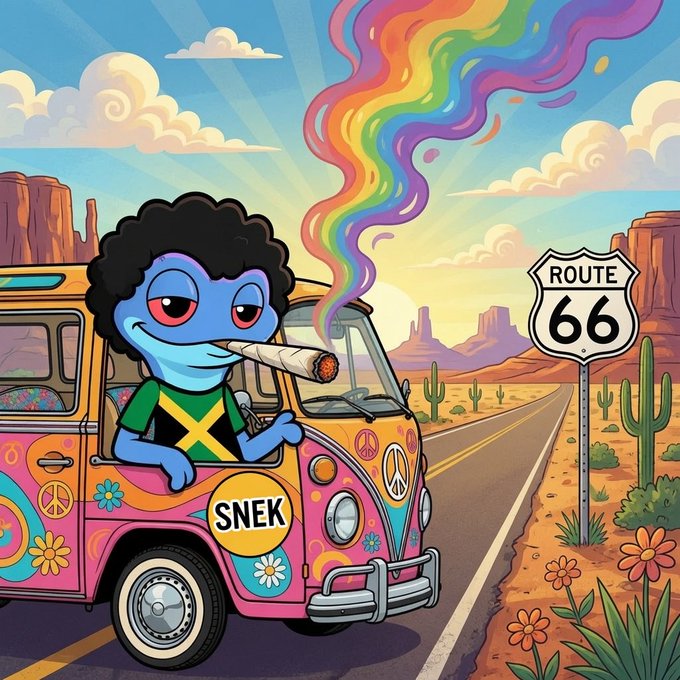 A colorful cartoon illustration of a blue reptilian character with an afro smoking a joint that emits a rainbow smoke trail, sitting in a psychedelic hippie van labeled 'SNEK' on a desert highway next to a 'ROUTE 66' sign.