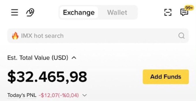 A screenshot of a crypto exchange interface shows an estimated total portfolio value of $32,465.98 USD with an "IMX hot search" banner and an "Add Funds" button displayed. The image appears to be used as a visual prop to suggest wealth, likely to make the accompanying giveaway post more believable or convincing.