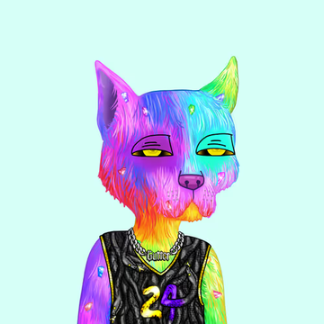 A colorful, psychedelic-style digital illustration of an anthropomorphic cat character with multicolored fur (pink, blue, yellow, green), wearing a black basketball jersey with "24" and a chain necklace, set against a solid light blue background.