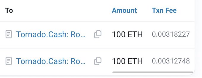 The image shows two transactions on Etherscan where 100 ETH (totaling 200 ETH) were sent to Tornado.Cash: Ro[uter], with transaction fees of 0.00318227 ETH and 0.00312748 ETH, illustrating the laundering of stolen Avici funds in 100 ETH tranches through Tornado Cash as described in the post.