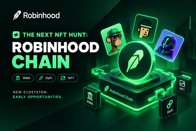 A promotional graphic for 'ROBINHOOD CHAIN' with green neon styling, showing NFT, RWA, and DeFi category icons connected to the Robinhood Chain platform, tagged 'THE NEXT NFT HUNT'.
