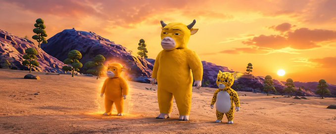 Three animated characters—a lion, a bull, and a glowing cheetah—stand in a desert landscape at sunset, evoking the cinematic feel of an animated movie scene, with the central young bull character symbolizing the "main character" being overlooked in the copy-traded token, as referenced in the post.