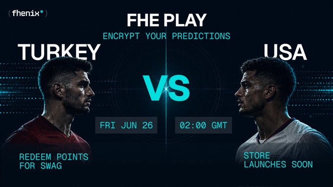 A promotional graphic for "FHE PLAY" by Fhenix showcases a Turkey vs USA matchup scheduled for Friday, June 26 at 02:00 GMT, featuring two players facing off with text highlighting "ENCRYPT YOUR PREDICTIONS," "REDEEM POINTS FOR SWAG," and "STORE LAUNCHES SOON." The image illustrates the post's theme by demonstrating how FHE (Fully Homomorphic Encryption) technology can be applied to prediction markets, keeping user positions private on-chain—addressing the Web2 problem of centralized platforms and the Web3 problem of fully transparent trades.