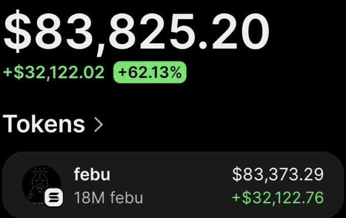 The image shows a portfolio holding "febu" (FEBU) tokens valued at $83,825.20, representing a gain of +$32,122.02 (+62.13%), which visually corresponds to the post's claim of turning a small $1,270 investment into over $90,000 in profit on the Febu token. The green profit indicators align with the advertised 70x return while still holding an unrealized position.