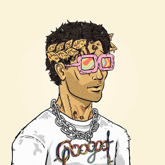 A digital illustration of a young man with messy dark hair wearing pink sunglasses with iridescent lenses, a spiked headband, and a chunky chain necklace over a white t-shirt with colorful knitted details.