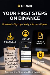 The image is a Binance promotional graphic titled "YOUR FIRST STEPS ON BINANCE," outlining a five-step onboarding flow—Download, Sign Up, Verify Identity, Secure Account, and Explore—with each stage represented by an icon and a checklist on a phone screen, directly mirroring the post's guidance for new users navigating sign-up, KYC verification, and account security.