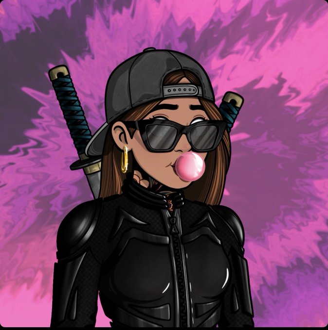 A stylized cartoon portrait shows a woman wearing a black cap backward, sunglasses, and a black outfit, blowing a pink bubblegum bubble with swords strapped to her back against a purple background.