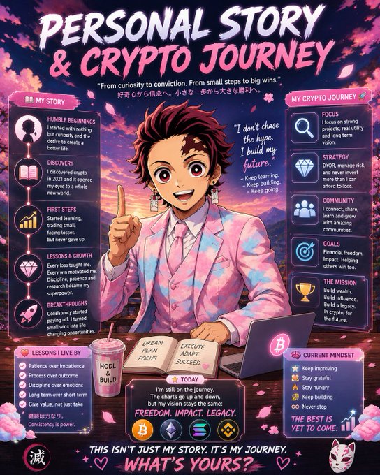 A vibrant anime-style infographic titled 'PERSONAL STORY & CRYPTO JOURNEY' featuring an anime character surrounded by motivational text, a Bitcoin logo, and sections on lessons learned and current mindset.