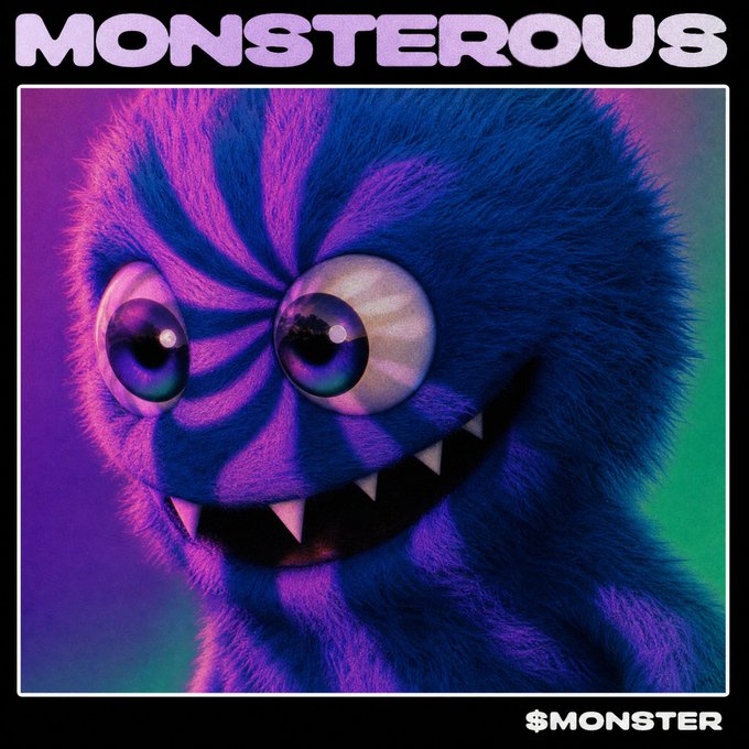 A purple and blue furry monster character with large bulging eyes and sharp teeth is shown beneath the word 'MONSTEROUS' with the tag '$MONSTER'.