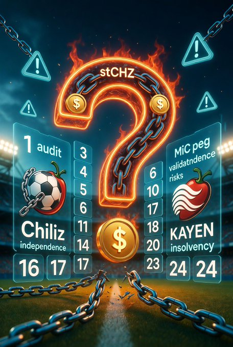 A dramatic digital illustration features a flaming question mark intertwined with chains, flanked by warning signs, dollar-sign coins, and scoreboard-style cards for Chiliz independence and KAYEN insolvency against a stadium backdrop.