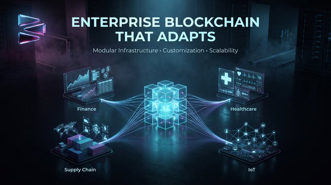 A promotional graphic titled "ENTERPRISE BLOCKCHAIN THAT ADAPTS" with the subtitle "Modular Infrastructure • Customization • Scalability," depicting a central glowing cube connected to four sectors: Finance, Healthcare, Supply Chain, and IoT.