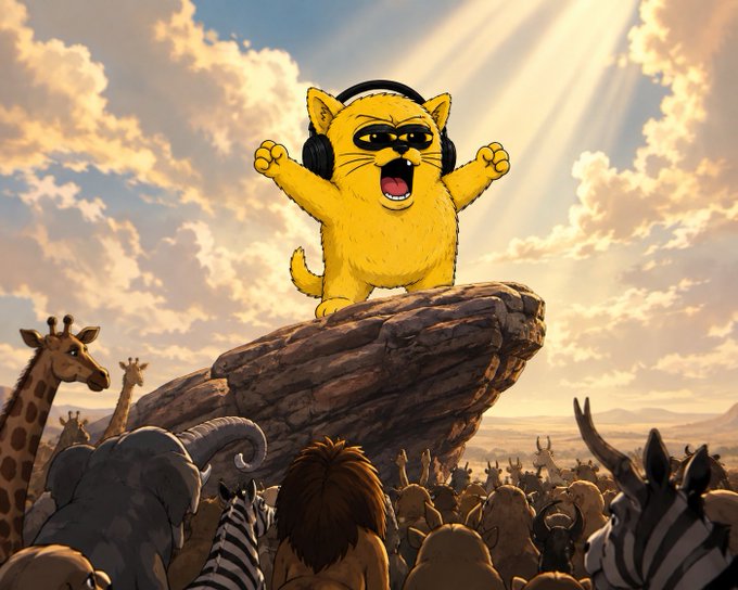 An illustrated scene of a yellow cat wearing sunglasses and headphones, arms raised triumphantly while standing on a rock formation, surrounded by various African animals including giraffes, elephants, zebras, and wildebeest under a dramatic cloudy sky with sunbeams.