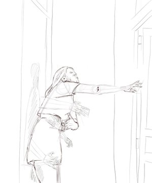 A digital sketch showing a figure with long hair reaching out with one arm extended horizontally.