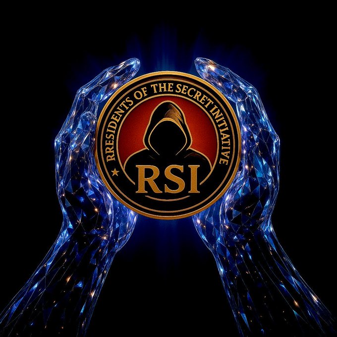 A glowing emblem reading "RESIDENTS OF THE SECRET INITIATIVE RSI" held between two crystalline blue hands against a dark background, featuring a hooded figure silhouette.