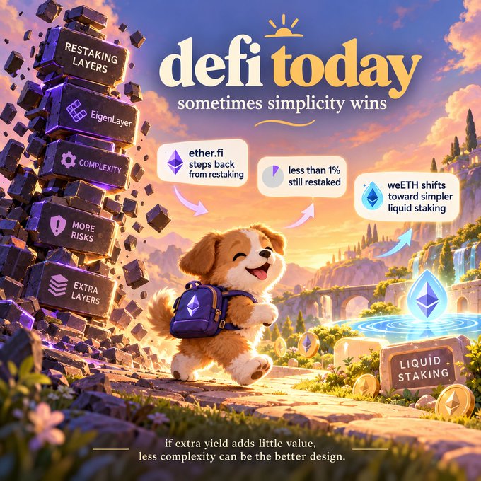 A 'defi today' graphic featuring an animated dog walking toward liquid staking, with text noting 'sometimes simplicity wins' and 'ether.fi steps back from restaking.'