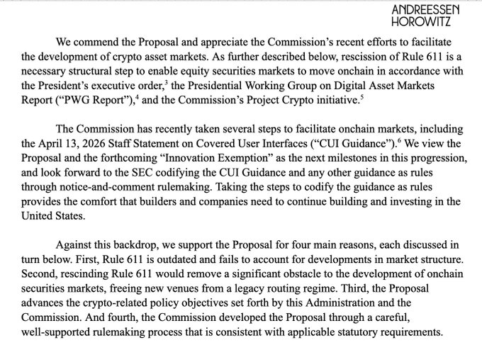 Letter from Andreessen Horowitz (a16z) supporting the SEC's proposal to rescind Rule 611, citing it as outdated and an obstacle to onchain securities markets, in alignment with the President's executive order and the PWG Report.