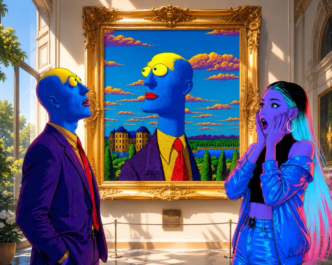 A pop-art style gallery scene featuring a blue-skinned man in a purple pinstripe suit admiring a surreal portrait painting of himself with yellow sunglasses, while a blue-skinned woman with teal hair reacts in amazement beside an ornate gold-framed artwork.