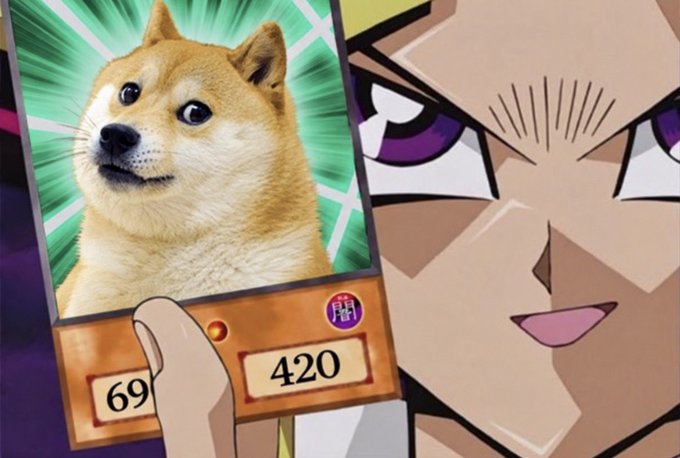 A meme-style image combining a photo of a Shiba Inu dog (Dogecoin) on a card with the numbers 69 and 420, overlaid on an anime character with a confident expression.