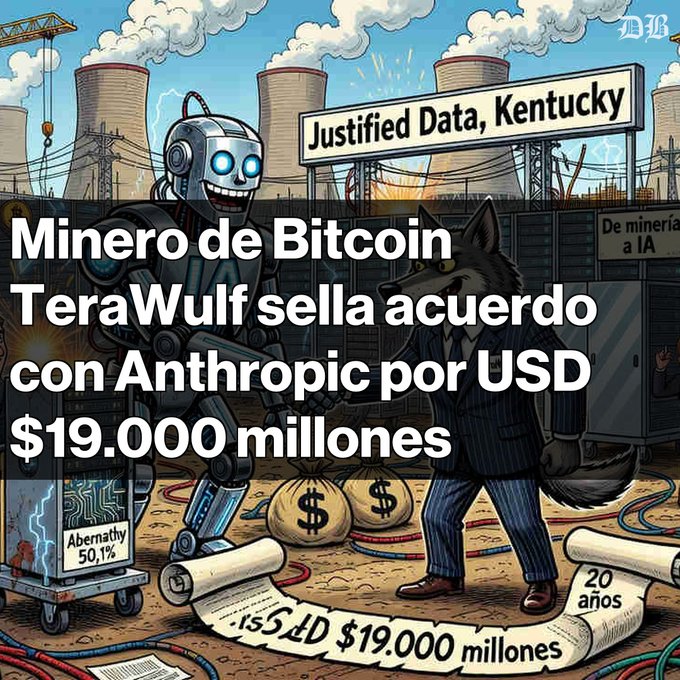 A cartoon-style illustration depicts a smiling robot shaking hands with an anthropomorphic wolf in a suit at an industrial site labeled "Justified Data, Kentucky," featuring cooling towers and mining equipment in the background, with money bags and documents showing "$19.000 millones" and "20 años" at their feet. The Spanish text announces TeraWulf's $19 billion deal with Anthropic for a 20-year lease to build a 401 MW AI campus in Kentucky, symbolizing the company's strategic pivot from Bitcoin mining to AI infrastructure.