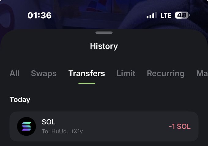 A screenshot of a crypto wallet app shows a "History" screen with "Transfers" tab selected, displaying a transaction of -1 SOL sent to address "HuUd...tX1v" today, confirming the sender's claim of transferring 1 SOL to user @BMocas15381.
