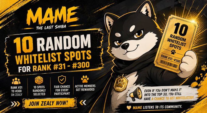 The image features a poster for a website called "Maze" that has a black background with yellow text. The poster includes a cartoon dog holding up a piece of paper, which displays the text "10 random whitelist spots for rank #31-300". The poster also mentions that there is an opportunity to join a team and be part of a competition or challenge.