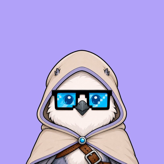 A cartoon owl wearing pixelated sunglasses and a tan hooded cape is featured against a purple background, serving as a fun, eye-catching graphic for an NFT giveaway announcement for @therobinhoodxyz. The friendly mascot visually represents the giveaway's playful, tech-forward theme while promoting the mint details and entry requirements.