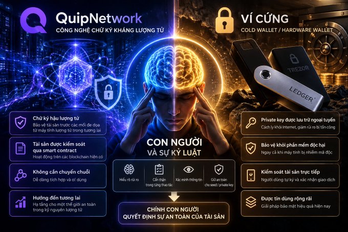 A Vietnamese infographic compares “QuipNetwork CÔNG NGHỆ CHỮ KÝ KHÔNG LƯỚI” with “VÍ CÚNG COLD WALLET / HARDWARE WALLET,” showing a brain divided into blue and gold halves and headings including “CON NGƯỜI VÀ SỰ KÝ LƯẬT” and “CHÍNH CON NGƯỜI QUYẾT ĐỊNH SỰ AN TOÀN CỦA TÀI SẢN.”