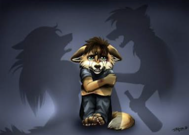 A digital illustration of a young fox-like anthropomorphic character with messy brown hair, sitting cross-armed with their knees pulled up, wearing a dark shirt and pants, with menacing shadow silhouettes of larger animals looming behind them on a dark background.