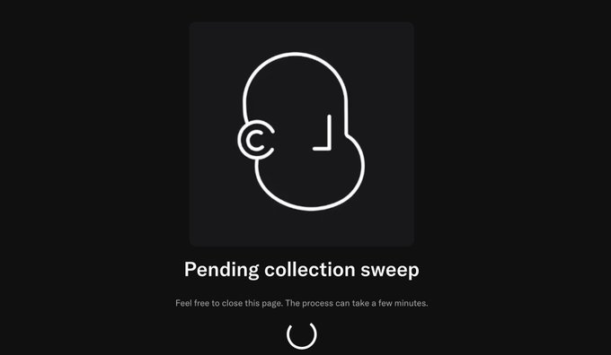 A dark status screen displays a white line-art icon of a head with a play symbol on its side, accompanied by the text "Pending collection sweep" and a note that "The process can take a few minutes" with a loading spinner. The image relates to the post by illustrating the process of collecting or sweeping a crypto airdrop, specifically referencing the +20 NPC token addition mentioned.