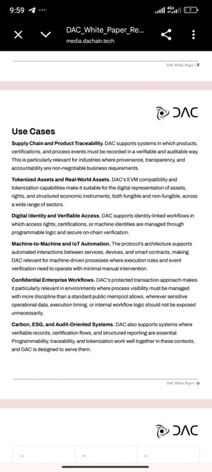A mobile screenshot of a DAC White Paper document titled 'Use Cases' detailing applications including Supply Chain and Product Traceability, Tokenized Assets, Digital Identity, Machine-to-Machine and IoT Automation, Confidential Enterprise Workflows, and Carbon/ESG Systems.