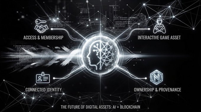 A dark technological graphic illustrating 'THE FUTURE OF DIGITAL ASSETS: AI + BLOCKCHAIN' with a central glowing AI brain icon connected to four concepts: ACCESS & MEMBERSHIP, INTERACTIVE GAME ASSET, CONNECTED IDENTITY, and OWNERSHIP & PROVENANCE.