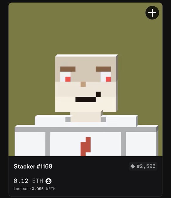 An NFT listing showing a pixel art character labeled 'Stacker #1168' priced at 0.12 ETH with last sale at 0.095 WETH and #2,596 ranking.
