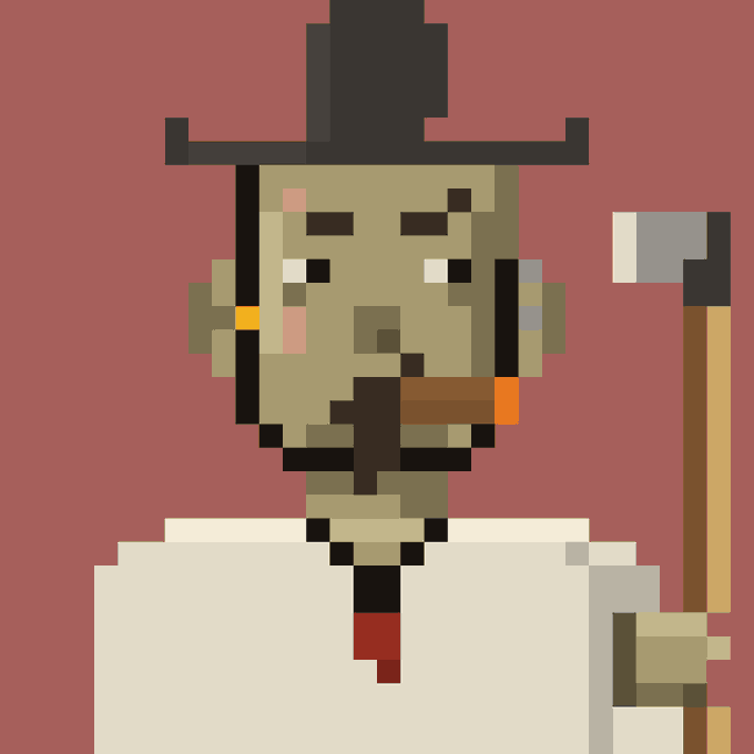 Pixel art portrait of a green-skinned orc character wearing a black hat and smoking a cigar against a red background.